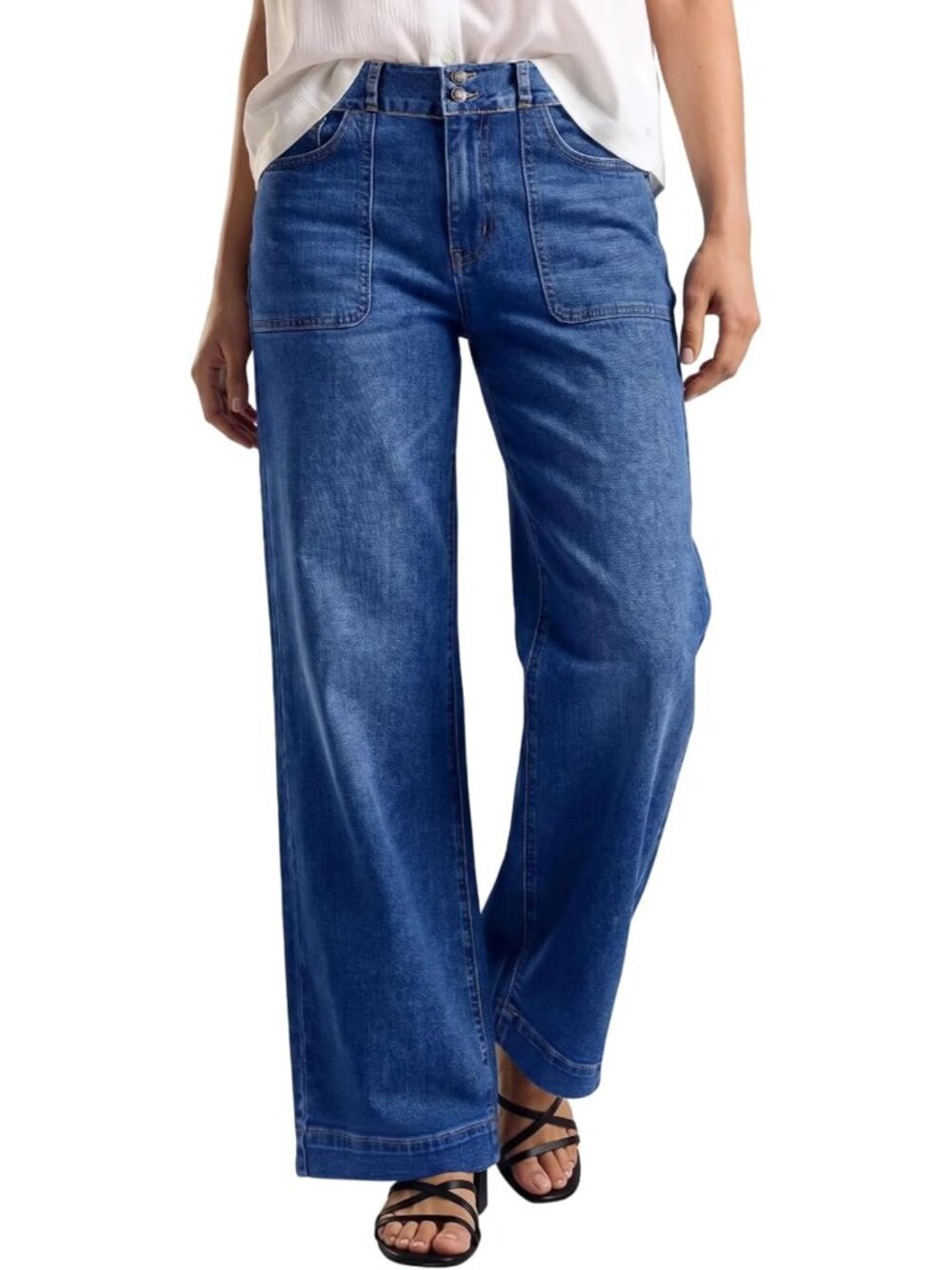 Women's Blue Elastic High Waisted Stretchy Front Big Pocket Straight Leg Jeans